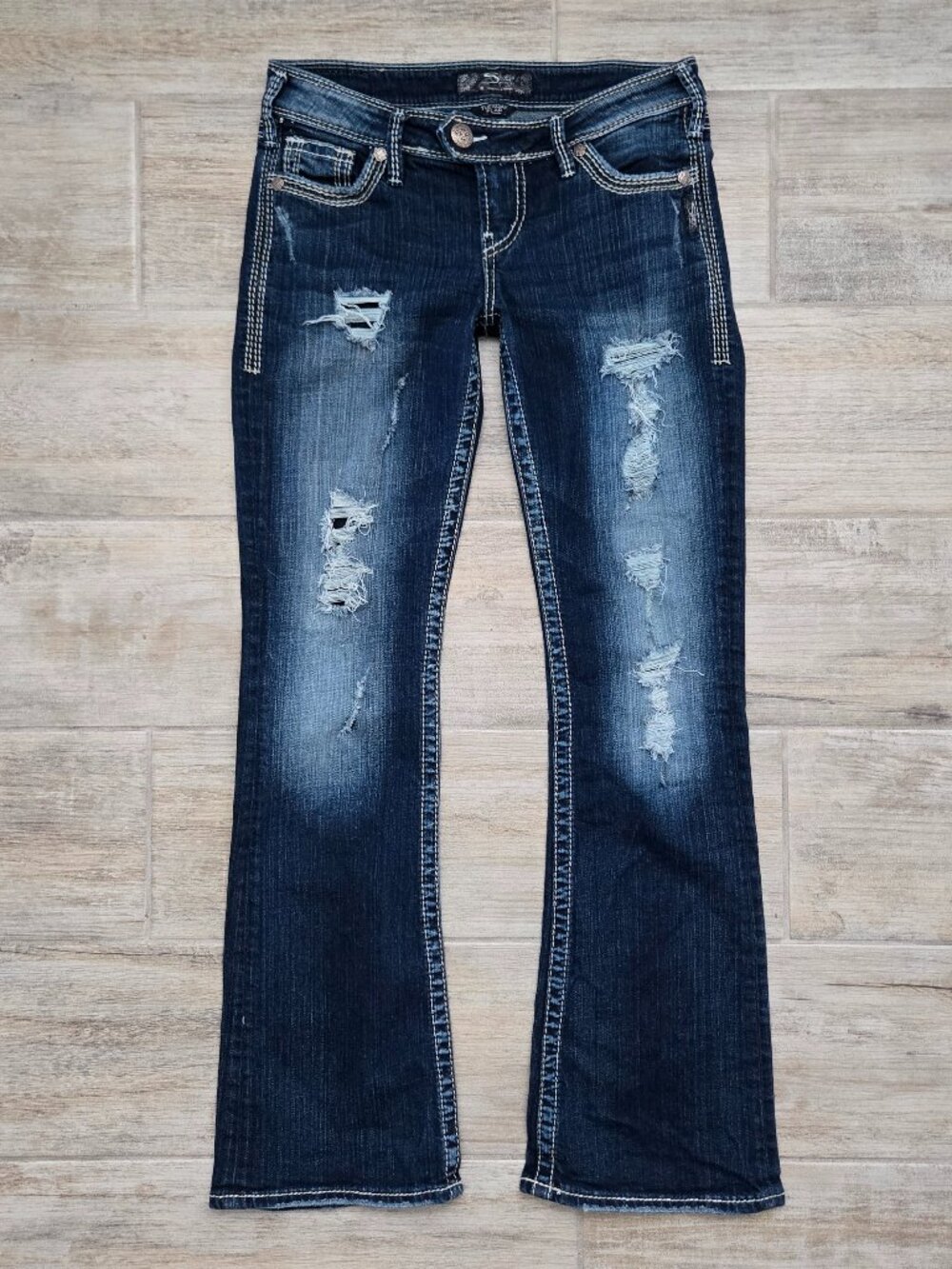 Silver Jeans Tuesday Flap Low Rise Jeans Womens Distressed Flare Flap Pocket 27